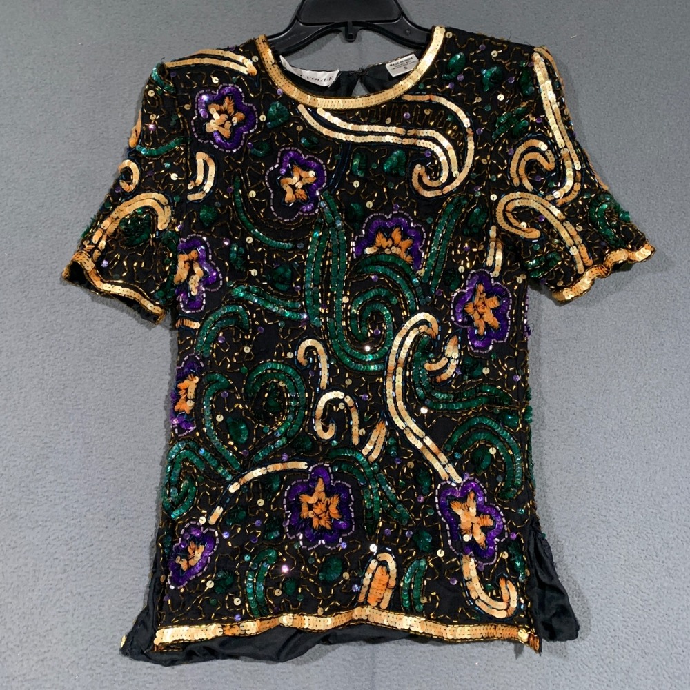 Night Vogue Beaded Silk Top Womens Small Vintage Sequin Floral Evening Blouse